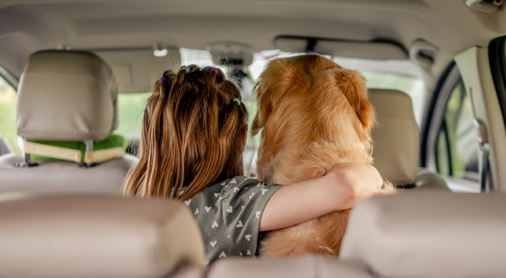 Ein Mädchen umarmt einen Hund im Auto